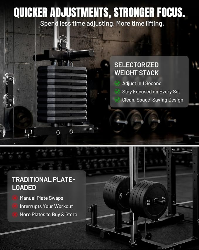 Mikolo Folding Squat Rack, Wall Mounted Power Rack with Cable Crossover Machine & LAT Pull Down, Functional Trainer with 5 Adjustable Function Modes, Home Gym Package