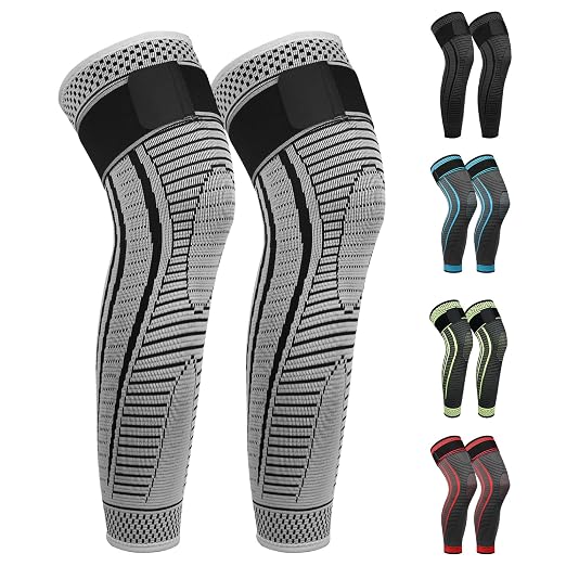 Full Leg Compression Sleeves 2 Pack anti Sliping Ventilation Long Knee Support with Wraps for Men and Women Long Knee Compression Sleeve for ACJ, PCL, Meniscus Tear, Arthritis (S, Gray)