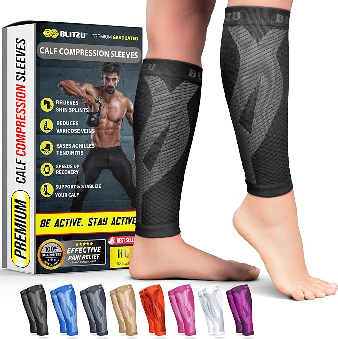 BLITZU Calf Compression Sleeves, Footless Compression Socks for Men & Women | Leg Support Brace, Shin Splint Pain Relief, Reduce Varicose Vein Swelling, Muscle Recovery, Running, Nursing, Fitness, Travel