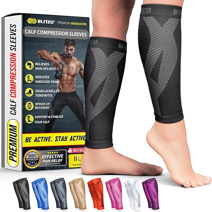 BLITZU Calf Compression Sleeves, Footless Compression Socks for Men & Women | Leg Support Brace, Shin Splint Pain Relief, Reduce Varicose Vein Swelling, Muscle Recovery, Running, Nursing, Fitness, Travel