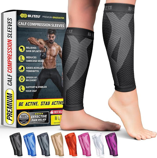 BLITZU Calf Compression Sleeves, Footless Compression Socks for Men & Women | Leg Support Brace, Shin Splint Pain Relief, Reduce Varicose Vein Swelling, Muscle Recovery, Running, Nursing, Fitness, Travel