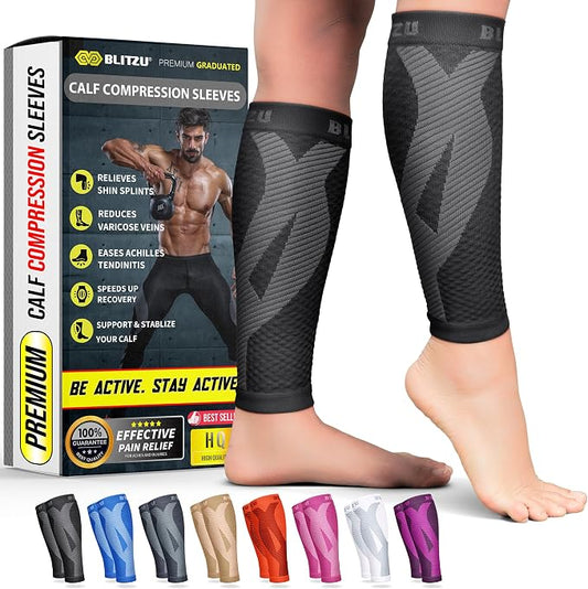 BLITZU Calf Compression Sleeves, Footless Compression Socks for Men & Women | Leg Support Brace, Shin Splint Pain Relief, Reduce Varicose Vein Swelling, Muscle Recovery, Running, Nursing, Fitness, Travel