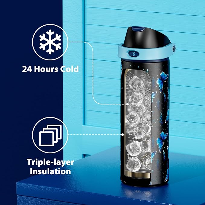 24 oz Insulated Water Bottle for Women: Meoky Glow in the Dark Water Bottle with 2-in-1 Straw and Spout Lid - Leak Proof, Cold for 24 Hours, Fits in Car Cup Holder, BPA-Free for Sports Travel, Moonlit