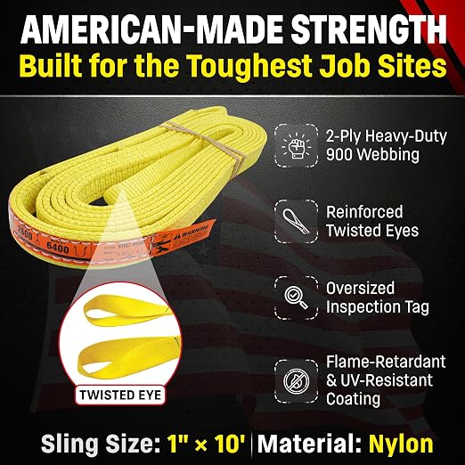 DD Sling 1 Inch x 10 Foot Nylon Lifting Sling – USA Made, 3,200 lb Vertical, 2,600 lb Choker, 6,400 lb Basket – 2-Ply Heavy Duty 900 Webbing, Type 4 Twisted Eye & Eye Rigging Sling, Safety Orange
