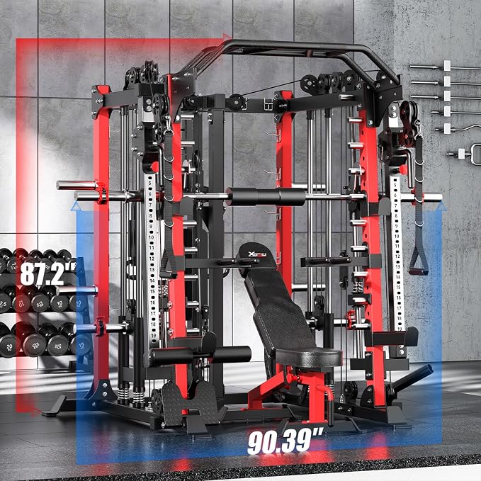 Smith Machine，Multi-Function Squat Rack Power Cage with Cable Crossover System,with Optional Weight Bench, Olympic Barbell Weight Set, for Home Gym