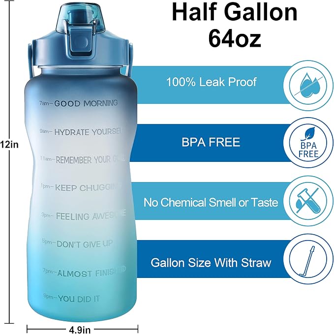 EYQ 64oz/128oz Leakproof Free Drinking Water Bottle with Motivational Time Marker BPA Free for Fitness, Gym and Outdoor Sports