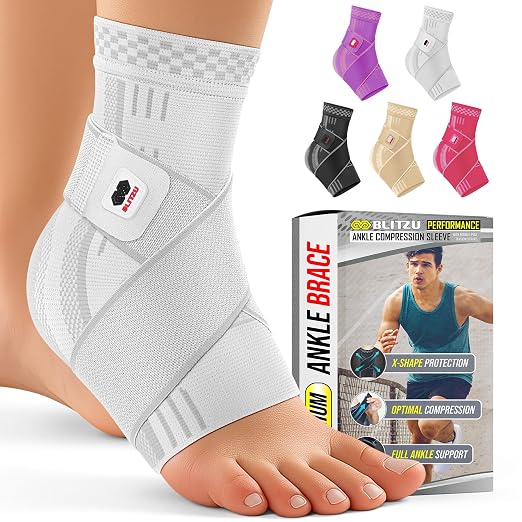 BLITZU Ankle Brace for Men & Women, Foot Compression Sleeve w/Arch Support | Open Toe Socks, Stabilizing Wrap for Torn Ligaments, Sprained Ankle, Achilles Tendonitis, Arthritis, Recovery, Sport, Fitness