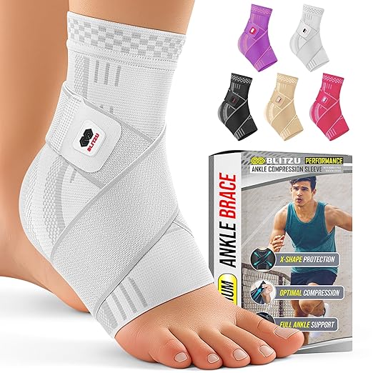 BLITZU Ankle Brace for Men & Women, Foot Compression Sleeve w/Arch Support | Open Toe Socks, Stabilizing Wrap for Torn Ligaments, Sprained Ankle, Achilles Tendonitis, Arthritis, Recovery, Sport, Fitness