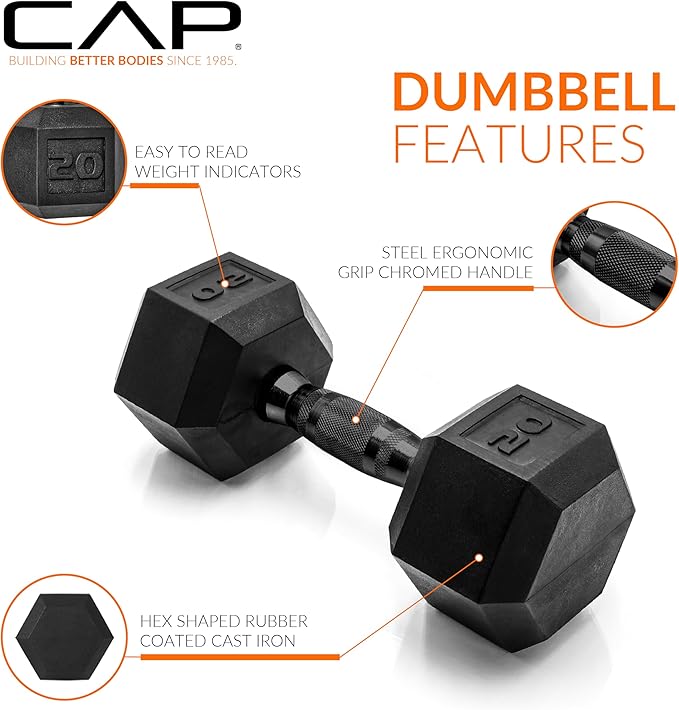 CAP Rubber Coated Dumbbell Weights, Free Weights for Home Gym Strength Training, Anti-Roll Hex Dumbbells with Black, Chrome & Comfort Grip Handles, Pairs & Sets