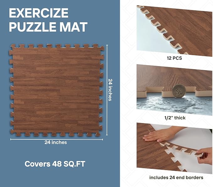 Art3d 48 Sq.Ft Eva Puzzle Exercise Mats, 24"x24" x 1/2" Thick Foam Interlocking Tiles for Flooring, Workout, Gym Equipments, Pack of 12, Dark Walnut