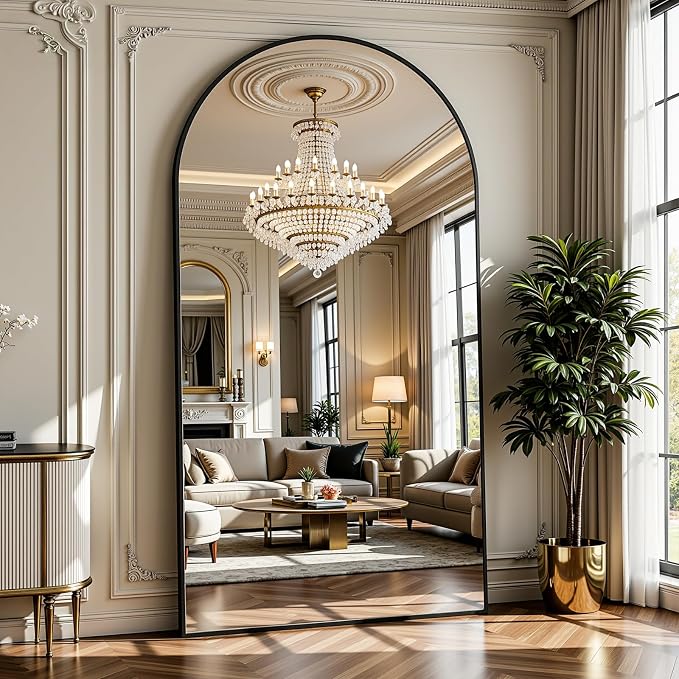 Full Length Mirror 90" L x 46" Full Body Standing Mirror for Bedroom, Living Room, Gym, Dorm - Shatter-Resistant & Easy Assembly, Arched Style Black