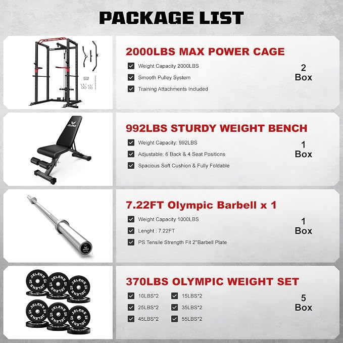 JELENS S11 Power Cage, 2000LB Multi-Function Power Rack with LAT Pulldown, Squat Rack with Adjustable Pulley System and Training Attachments, Weight Rack for Home Gym