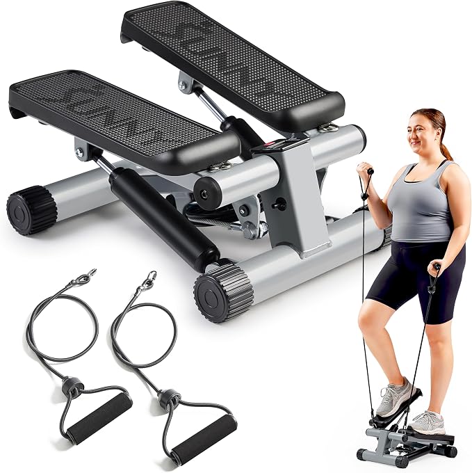 Sunny Health & Fitness Mini Stair Stepper w/Resistance Bands for Home Gym | Full Body Cardio, Adjustable Step Height, Hydraulic Resistance, LCD Meter, No Assembly, 300 lb Capacity, SunnyFit App
