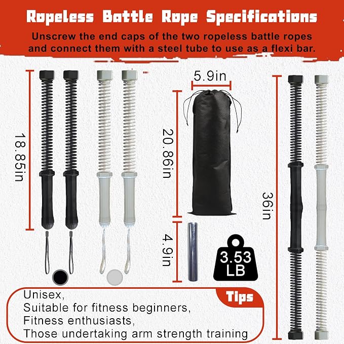 2-in-1 Ropeless Battle Rope & Vibration Bar, Portable Cordless Fitness Ropes for Home Gym, Strength Building, HIIT Training & Low-Impact Aerobic Training for Men and Women