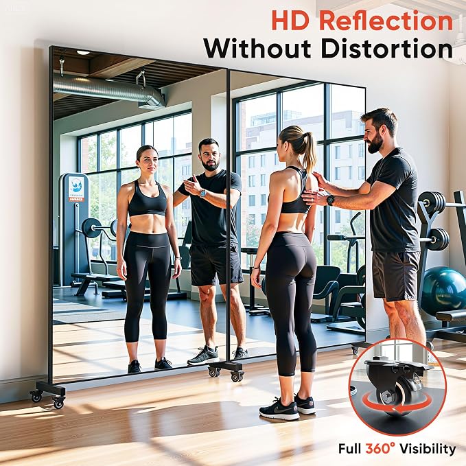 Suidia 82"x44" Extra Large Full Length Mirror on Wheels, 360° Swivel Rolling Mirror Floor, HD Tempered Glass Full Body Standing Mirrors for Home Gym, Yoga, Dance Studio, Bedroom, Rectangular, Black