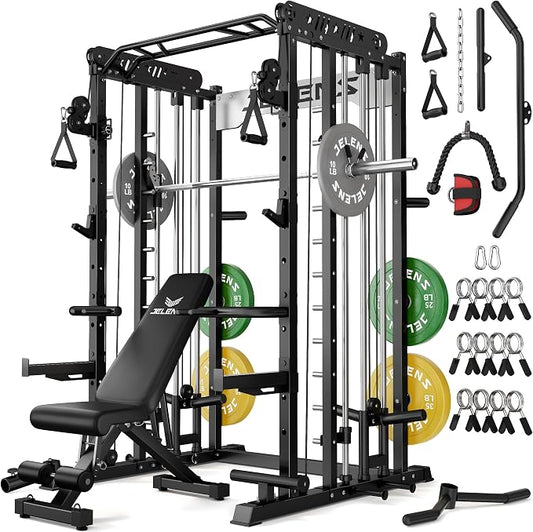 JELENS Smith Machine for Home Gym, Multi-Function M12 Power Cage with Cable Crossover System, Squat Rack with Smith Bar and More Attachment
