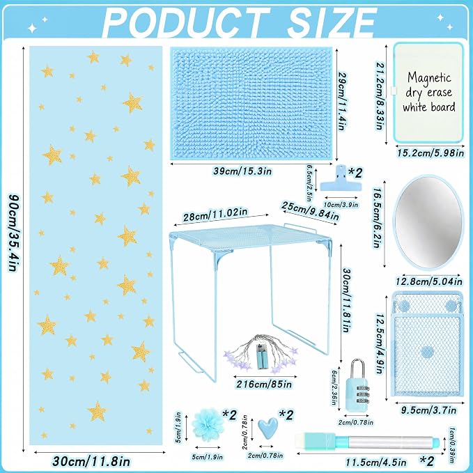 16 PCS Locker Accessories for Girls Magnetic Locker Decoration Kit with Shelf Mirror Whiteboard Pen Holder Rug Wallpaper Lights Lockers Organizer Set for School Dorm Room Office Gym (Blue)