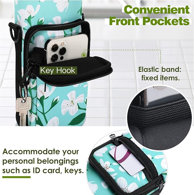 Nuovoware Water Bottle Carrier Bag, 25oz/32oz Bottle Pouch Holder, Adjustable Shoulder Hand Strap 2 Pocket Sling Neoprene Sleeve Sports Water Bottle Accessories for Gym Hiking Travelling, Green Lily | Adjustable Shoulder Hand Strap, 2 Pocket, Neoprene ...