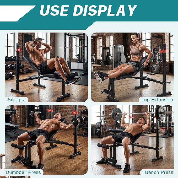 OLIXIS Adjustable Weight Bench Set with Rack, 650 LBS Capacity Heavy Duty Foldable Bench Press Set with Leg Extension Curl, Easy Assembly Strength Training Workout Set for Garage, Home, Gym