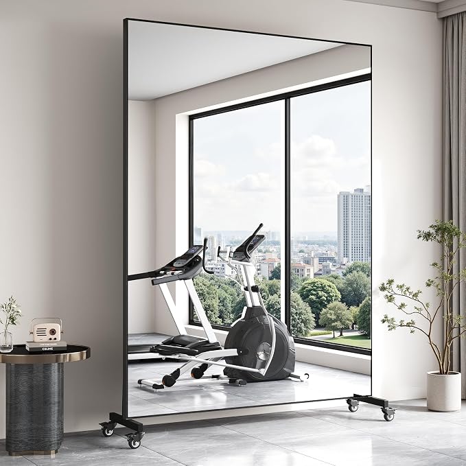 Suidia 82"x44" Extra Large Full Length Mirror on Wheels, 360° Swivel Rolling Mirror Floor, HD Tempered Glass Full Body Standing Mirrors for Home Gym, Yoga, Dance Studio, Bedroom, Rectangular, Black