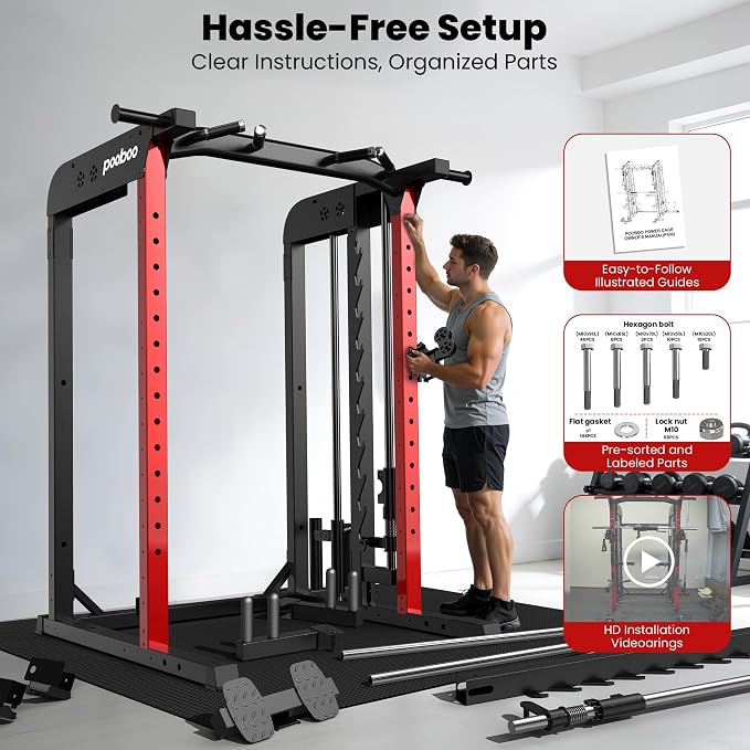 pooboo Multi-Functional Machine Power Cage, 2000LB Squat Rack, LAT-Pull Down System, Dual Pulley Cable Crossover System, Home Gym Workout Machine with Strength Training Attachments