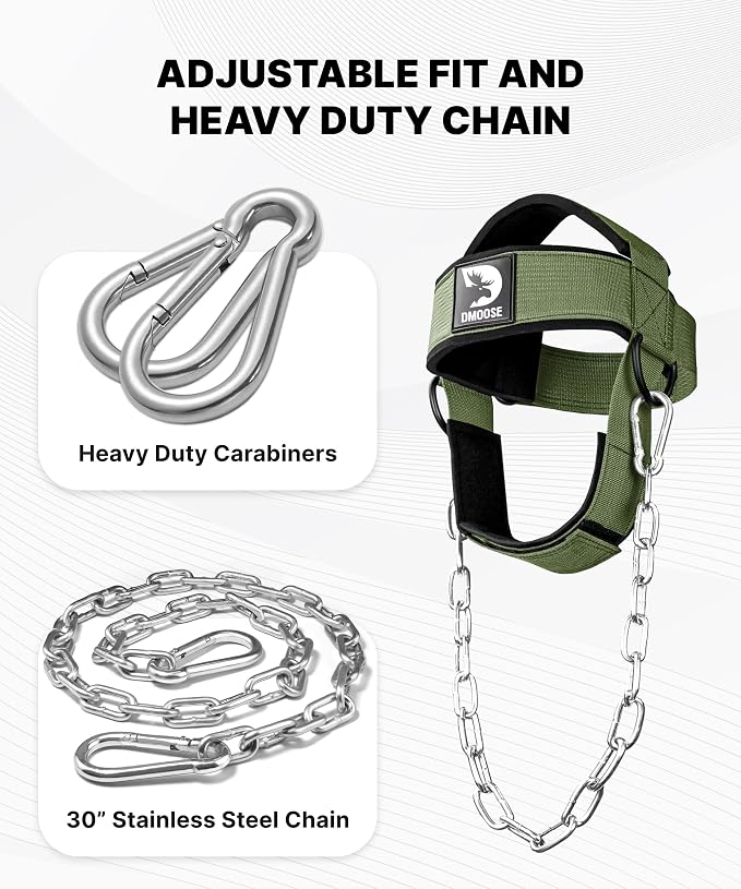 DMoose Fitness Neck Harness for Weight Lifting - Soft Padded Head & Chin Strap with 30" Heavy Duty Steel Chain - Neck Exerciser, Trainer & Strengthener to Support Injury Recovery and Intense Workouts