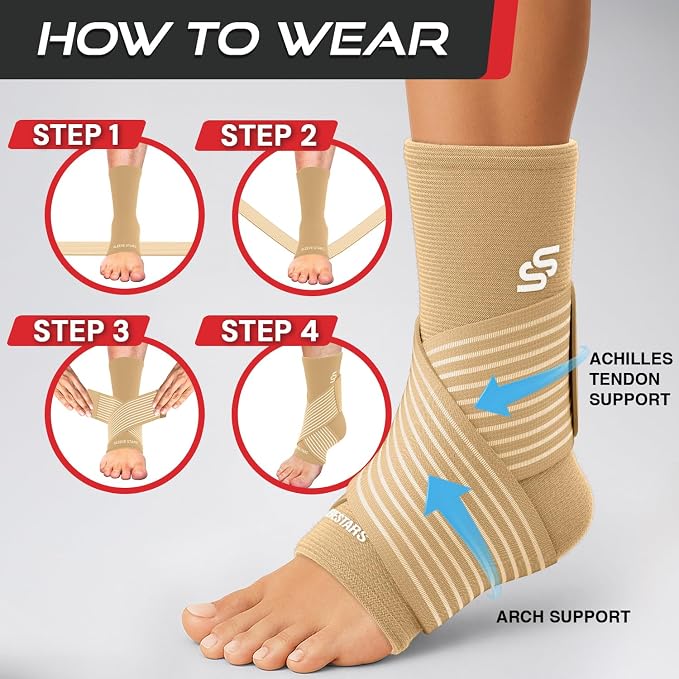 Sleeve Stars Ankle Brace for Women & Men, Ankle Wrap for Sprained Ankle, Compression Sleeve for Plantar Fasciitis Relief, Easy Customizable Support: w/Removable Strap (Single/S:9"-10"/Beige)