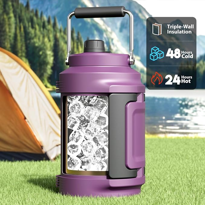 1 Gallon Insulated Water Bottle for Sports: Meoky 128 oz Triple Wall Vacuum Stainless Steel Water Jug - Top and Side Handles, Cold for 48 Hrs, 2-in-1 Straw and Spout Lid, Leak Proof for Hiking (Plum)