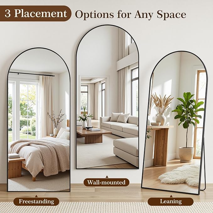 77"x38" Arched Full Length Mirror with Stand, Free Standing Leaning Wall Mounted Aluminum Alloy Frame Mirror for Bedroom Living Room Cloakroom, Black