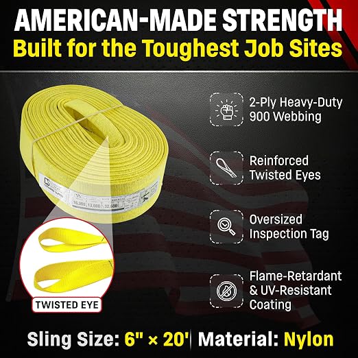 DD Sling 6" × 20' Nylon Lifting Sling – USA Made, 16,300 lb Vertical, 13,000 lb Choker, 32,600 lb Basket – 2-Ply Heavy Duty 900 Webbing, Type 4 Twisted Eye & Eye Rigging Sling