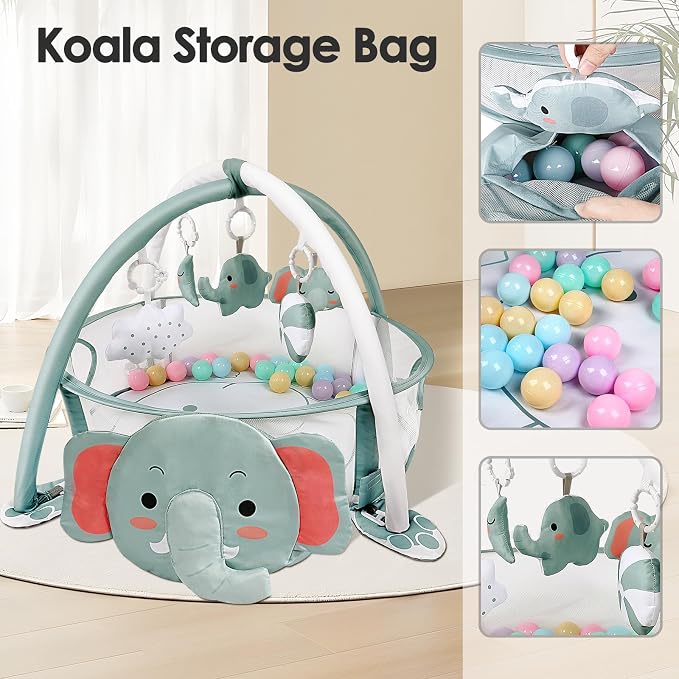 dearlomum Elephant 4-in-1 Baby Play Mat Gym, with Ball Pit | Includes 30 Balls & 5 Learning Sensory Toys, Floor Gym Playmat for Newborn Infant Tummy Time, Ball Pit, Boy & Girl Gift