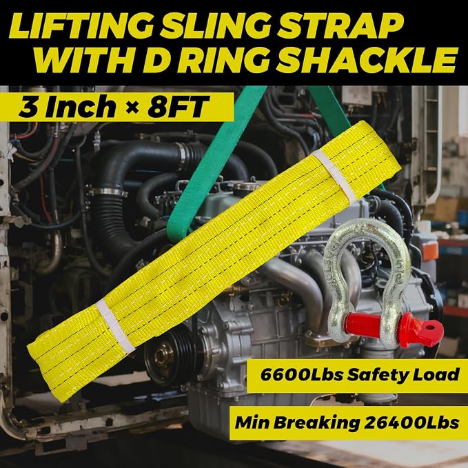 HENBOW Lifting Straps for Hoist,8' × 3" Heavy Duty Flat Lift Sling Straps with D Ring Shackle 6600 lbs Safety Load，Web Sling Car Tree Saver Winch Recovery