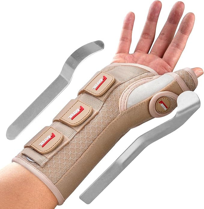 FEATOL Carpal Tunnel Wrist Brace Night Support, Thumb Spica Splint Right Hand for De Quervains Tenosynovitis, Tendonitis, Thumb Brace for Women Men, Beige, Medium/Large