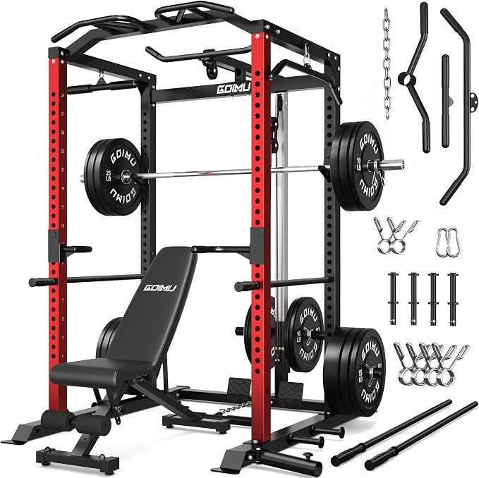 C1-V4 Power Cage, 2000LBS Squat Rack with LAT Pulldown, Multi-Function Weight Cage Strength Training Machine, Workout Cage with More Attachments for Home Gym Garage