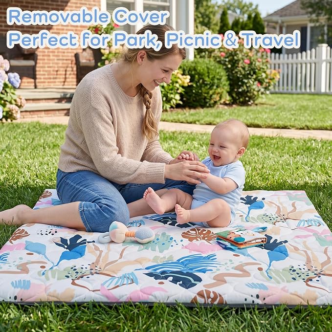 1.6" Thick Baby Play Mat, 50x50 Removable & Machine Washable Cover | Padded Memory Foam, Non-Slip Backing, 100% Baby-Safe Materials, Tummy Time Crawling, Outdoor, Bedroom, Living Room, Nursery