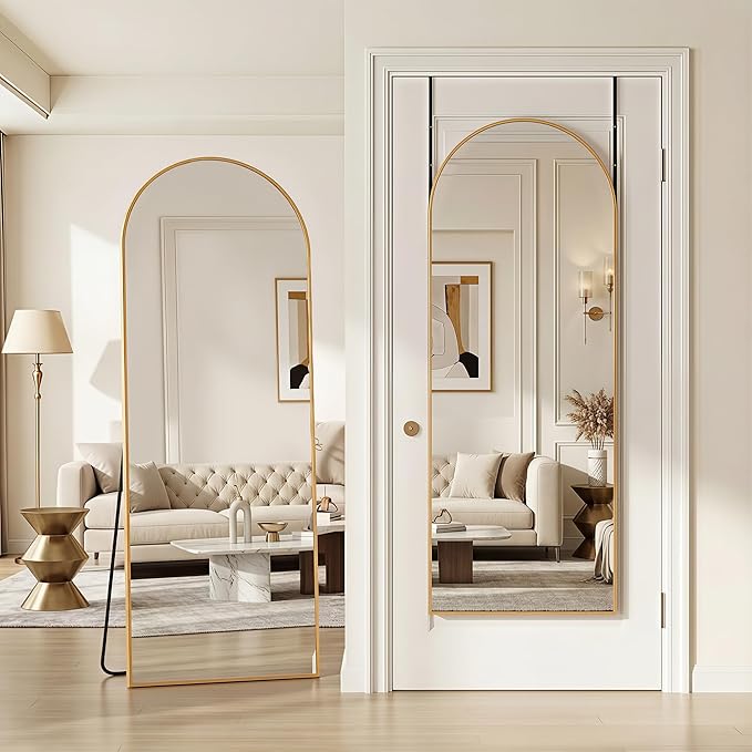 58"x20" Over The Door Mirror, Arched Full Length Mirror with Aluminum Frame, Adjustable Hooks, Wall Mounted or Standing for Bedroom Living Room, Gold