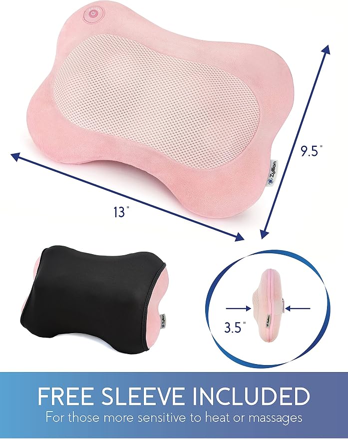 Zyllion ZMA-13 Back and Neck Massager with Heat for Pain Relief, Pink | Shiatsu, Deep Tissue, 3D, Electric, Kneading, Massage Pillow, Muscle Therapy, Doctor Recommended, Car Adapter, Not Cordless