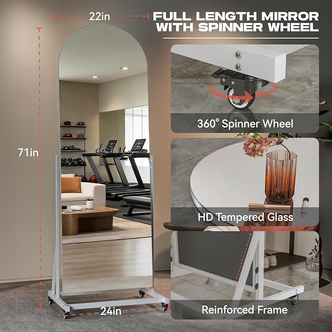 71"x24" Arched Full Length Rolling Mirror on Wheels, Tilting Swivel Floor Mirror with Tempered Glass and Metal Frame, Large Full Body Mirror for Bedroom, Dressing Room, Home Gym, Home Decor