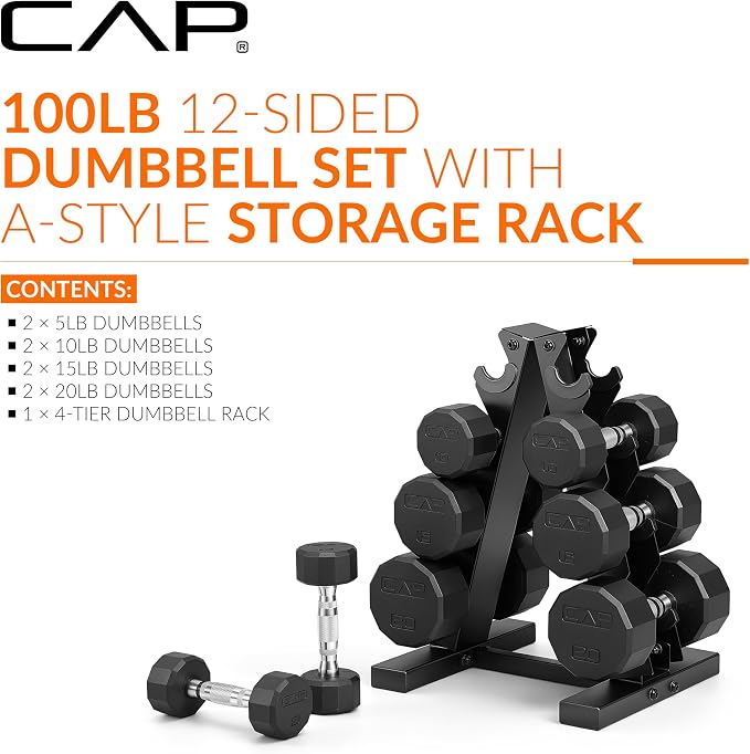 CAP Rubber Coated Hex Dumbbell Set with Storage Rack | 100–210 lb Options, Space-Saving Vertical Compact Storage for Home Gym Strength Training