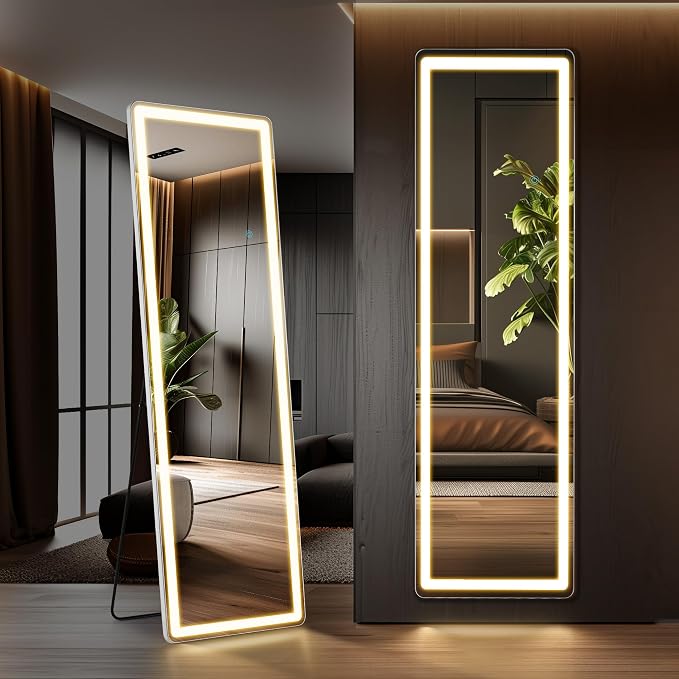 OLIXIS LED Full Length Mirror with Lights, Full Body 16x60 | Standing Lighted Floor, 3 Color Lighting, Wall Mounted Bedroom Bathroom Entryway, Tempered Glass