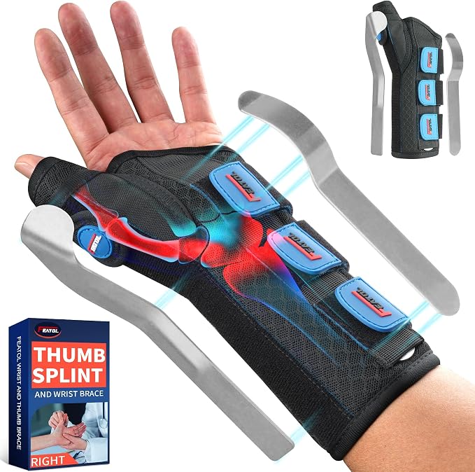 FEATOL Carpal Tunnel Wrist Brace Night Support, Thumb Spica Splint Left Hand for De Quervains Tenosynovitis, Tendonitis, Thumb Brace for Women Men, Black Blue, Large/XLarge