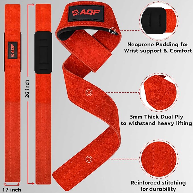 AQF Leather Weight Lifting Straps, Heavy Duty Wrist Strap for Powerlifting | Premium Suede Leather, Handcrafted Construction, Reinforced Dual Stitching, 3 mm thick & 66cm long, Sold as a Pair