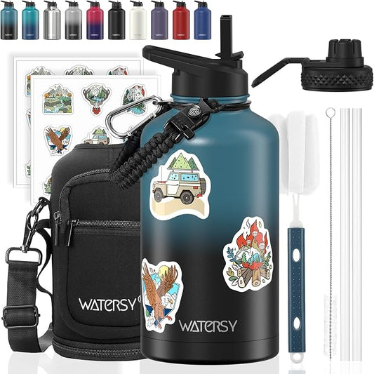 64oz Insulated Water Bottle (Cold for 48 Hrs),BPA Free&Leak Proof,Half Gallon Stainless Steel Water Flask,Water Jug with Straw Spout Lids for Gym,Hiking,Camping,Black Blue