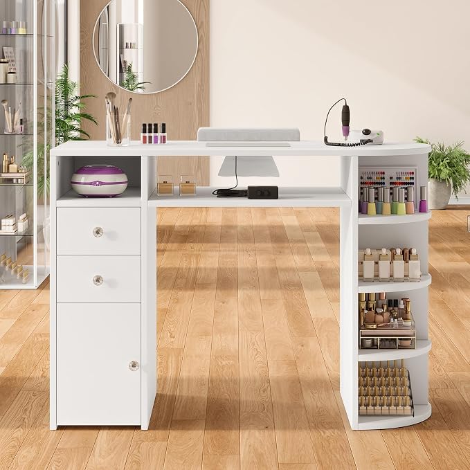 Nail Desk with Dust Collector & Power Outlet, Manicure Table with Display Rack,Professional Salon Station with Drawers and Cabinet,Acetone Resistant Top, Nail Table with Wrist Cushion for Nail Salon