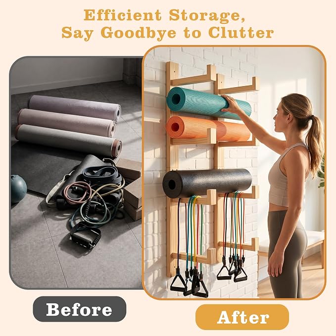 4-Tier Wooden Yoga Mat Holder Wall Mount, Yoga Mat Rack for Home Gym | Wall Yoga Mat Storage, Yoga Mat Holder Wall Mount for Foam Roller and Fitness Accessories Home Gym Organization