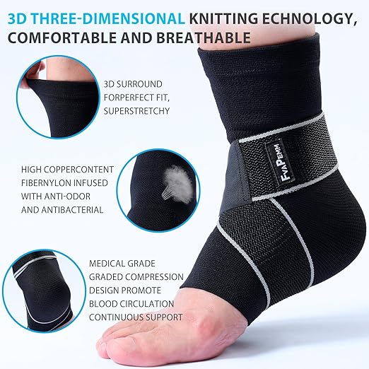 Copper Ankle Brace for Women Men-2 Pack Ankle Sleeve Compression Support for Sprained Ankle, Plantar Fasciitis Relief & Achilles Tendonitis Brace, Sports, Running, Black, XL