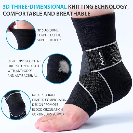 Ankle Brace for Women Men, 2 Pack Ankle Compression Sleeve Support Copper Infused Ankle Brace for Sprained Ankle, Plantar Fasciitis Sports, Achilles Tendonitis Pain Relief, Black, S