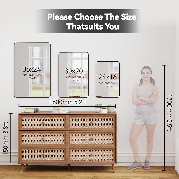 SCWF-GZ 24x36 Mirror Vanity Bathroom Wall Mounted Aluminum Alloy Metal Frame Dressing Round Rectangle Mirrors for Entryway Bedroom Living Room Horizontally or Vertically 36x24 inch Black