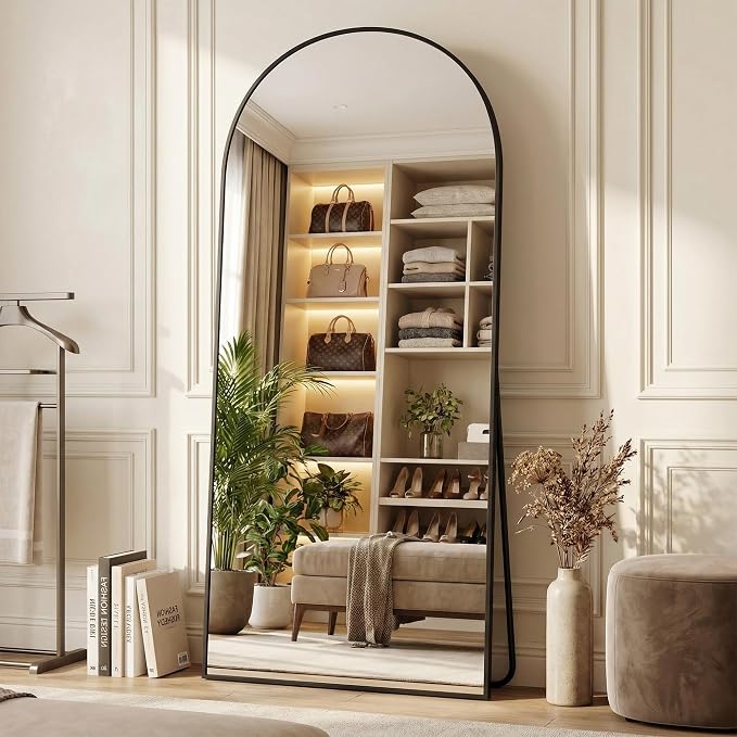 Suidia 76"x34" Arched Full Length Mirror with Stand, Full Body Mirror with Aluminum Frame, Freestanding/Leaning/Wall-Mounted, Floor Mirrors for Bedroom, Living Room, Entryway, Dressing Room, Black