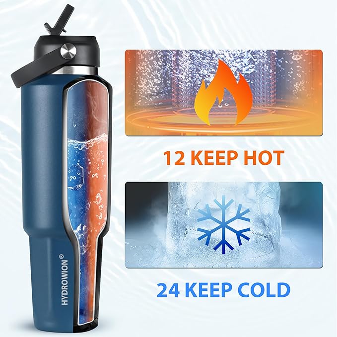 HYDROWION 32 oz Insulated Water Bottle, Car Water Bottle Holder - Double Wall Vacuum Insulated Travel Bottle with Straw Lid, Spout Lid and Flex Cap - Cold for 24H, Hot for 12H, Cobalt